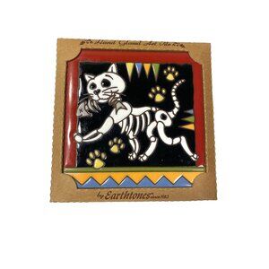 Earthtones‎ Skeleton Cat Hand Glazed Art Tile 6x6 Trivet Wall Decor 7051A USA